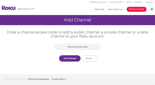 Add private Roku channels