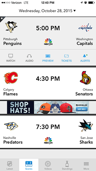 The NHL app running on iOS