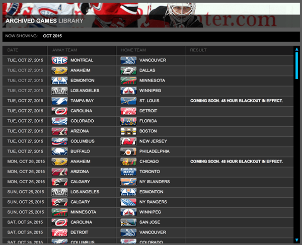 NHL GameCenter allows you to watch regular-season games from the current season and recent past seasons, though the past season games are not accessible on mobile devices.
