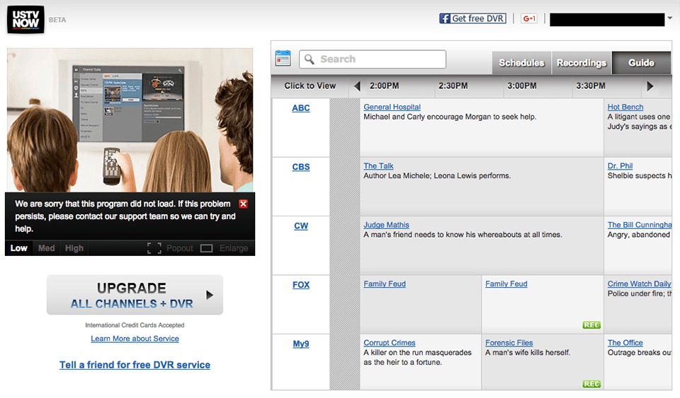 USTVnow's browser interface