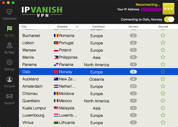 IPVanish lets you choose your new IP location from a list. You can also use a map, set favorites, and more.