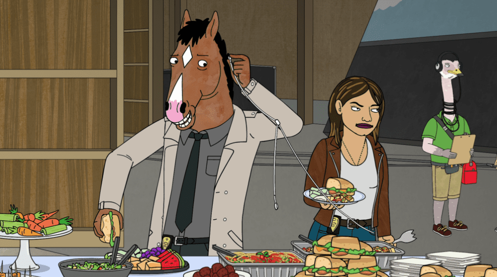  A cartoon horse with earphones dangling from his ear fixes himself a plate of food