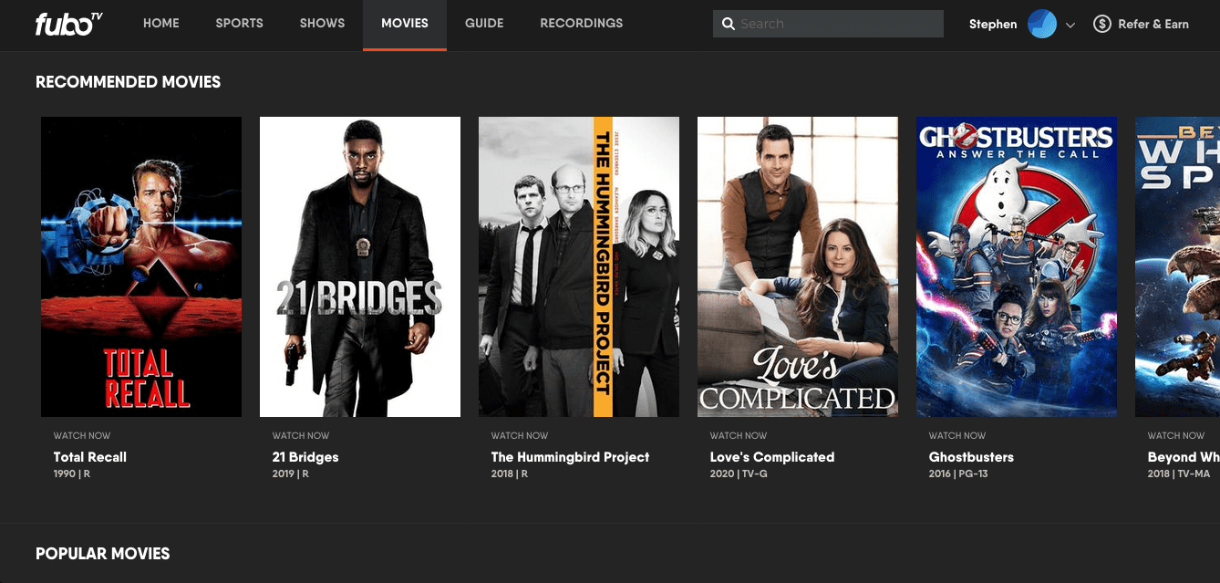 Screenshot of movies on demand under the Movies tab in fuboTV