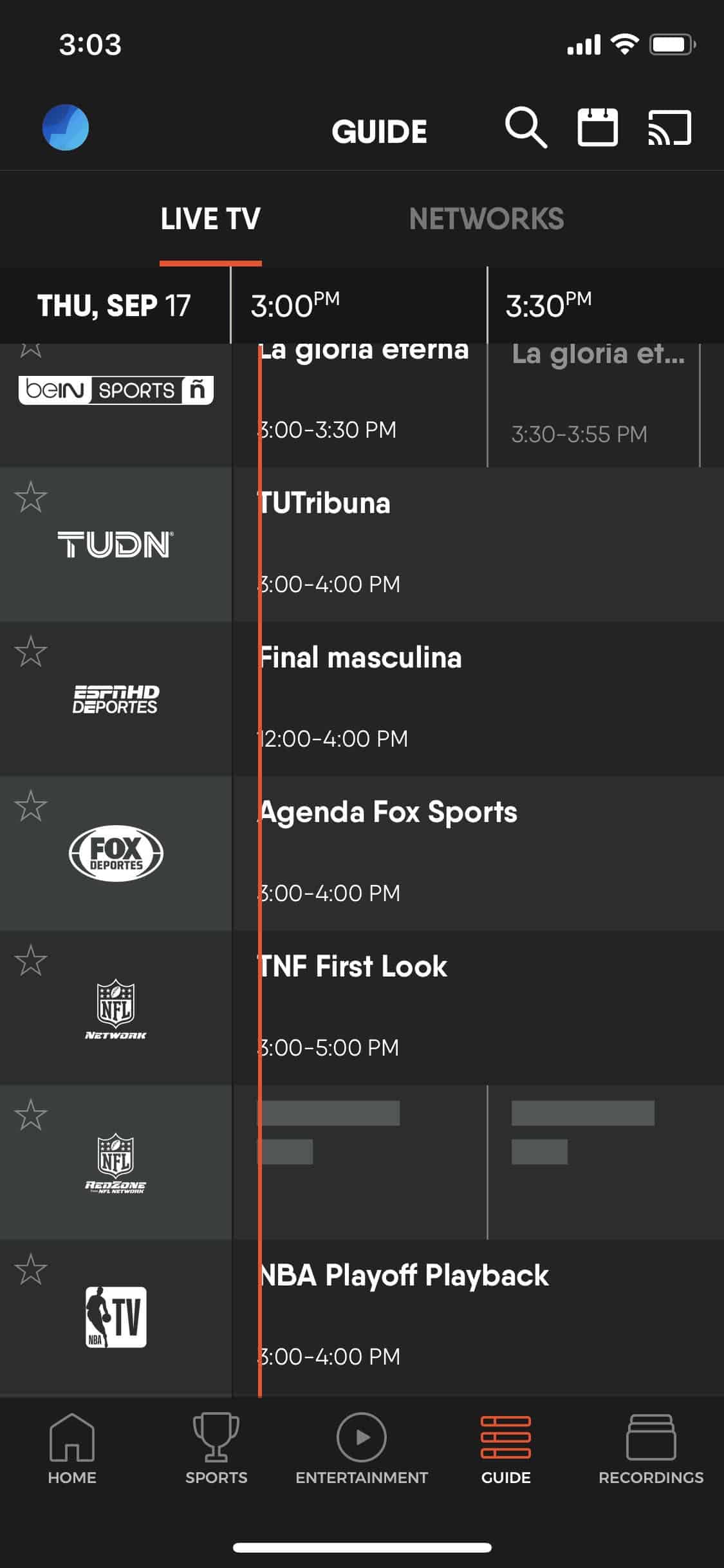 Screenshot of the TV Guide on fuboTV for iOS