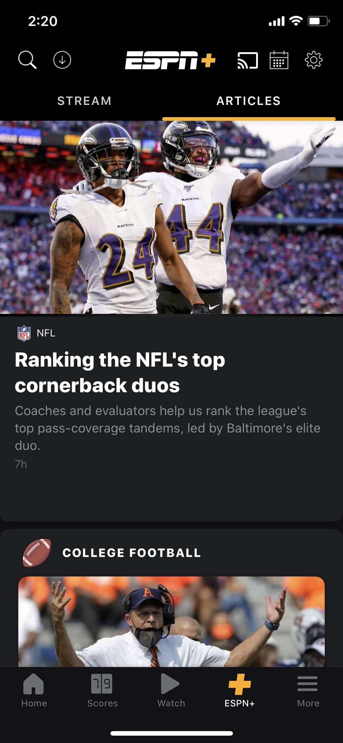 Screenshot of articles under the “Articles” tab on ESPN+ in the ESPN app.