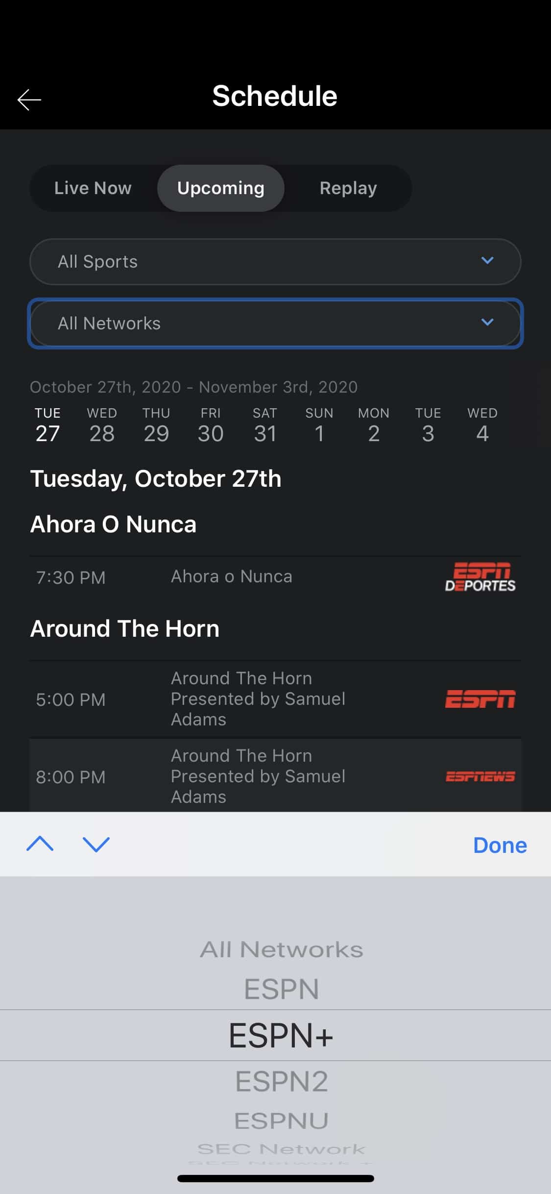 Screenshot of the schedule menu on ESPN’s iOS app