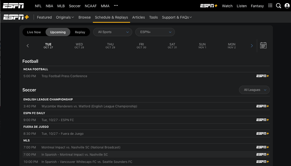 Screenshot of the “Schedule & Replays” tab in ESPN+ on the in-browser app