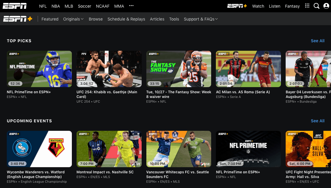 Screenshot of ESPN’s in-browser app