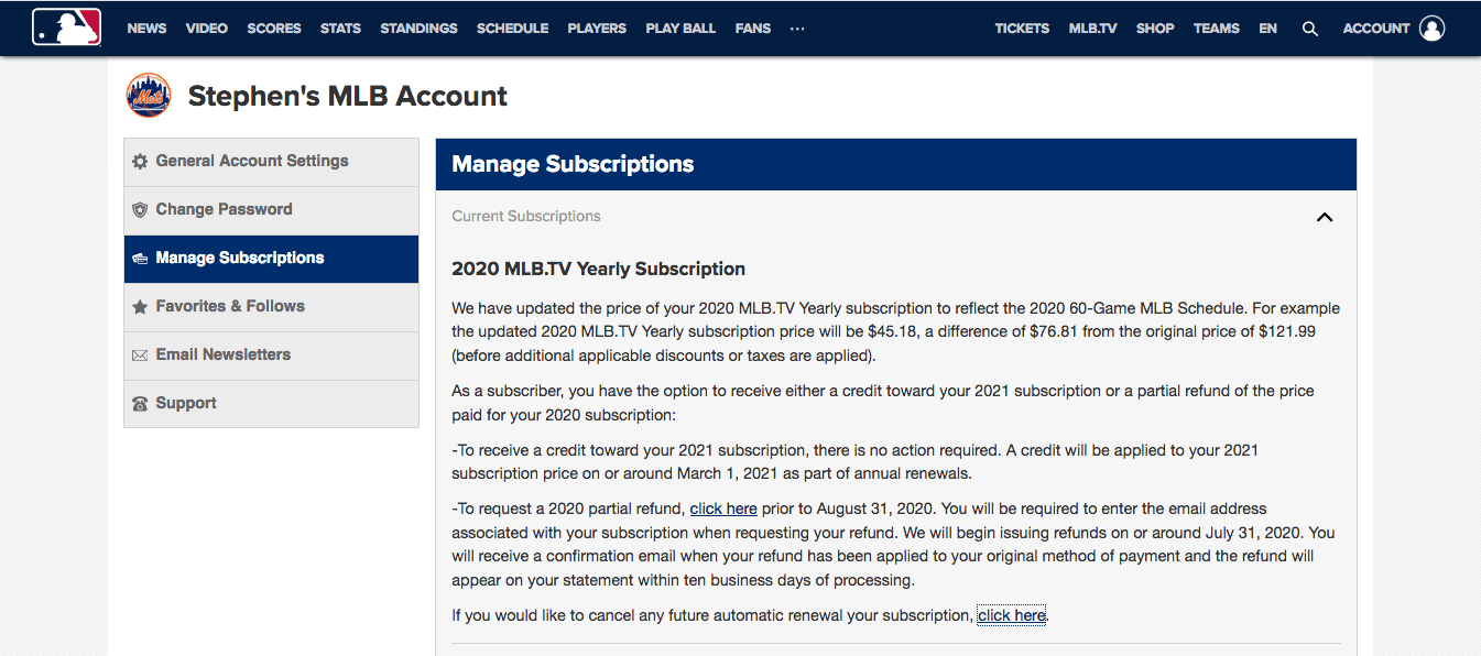 Cancel MLB TV subs page