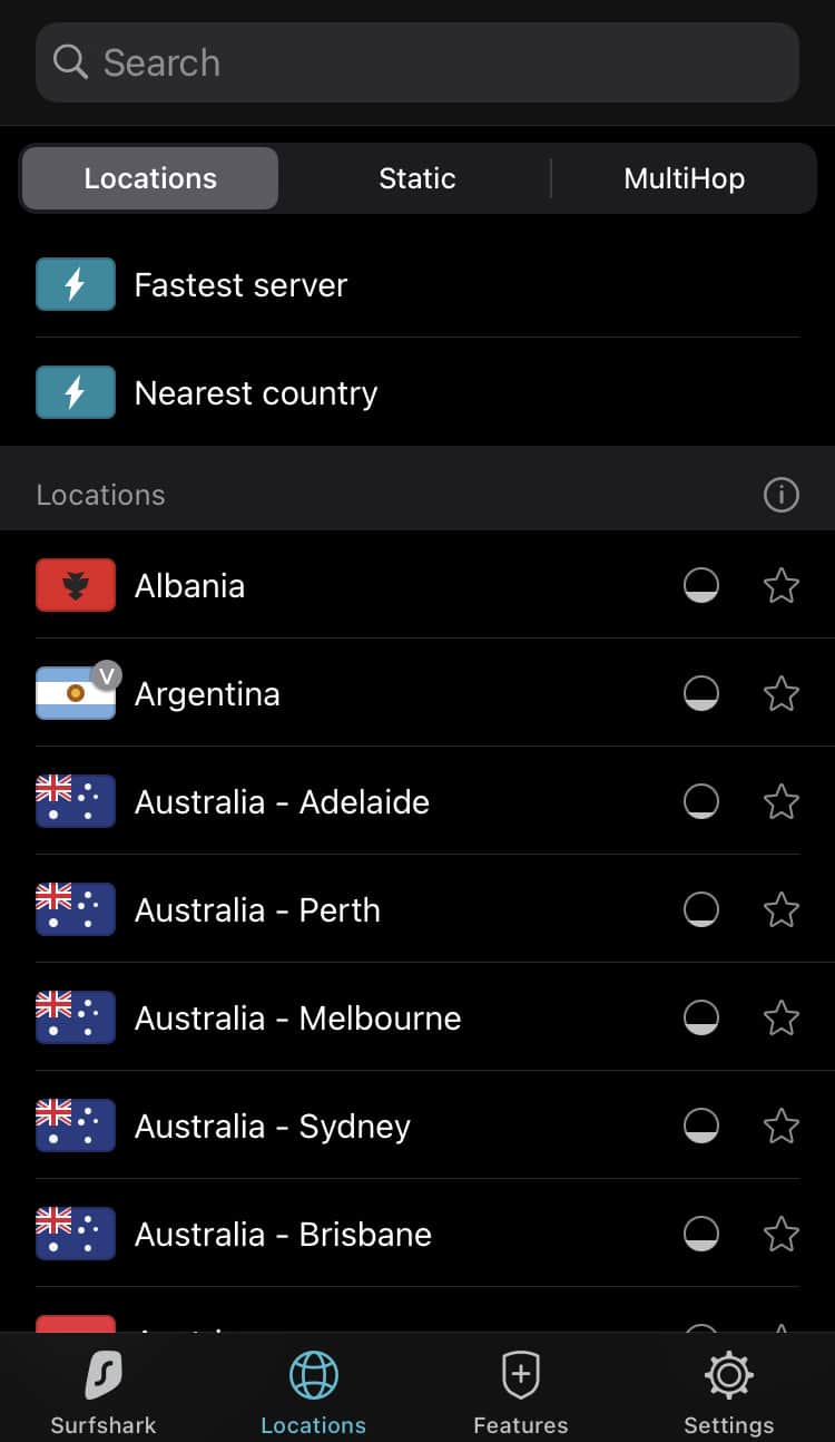 Surfshark VPN - Mobile App Servers