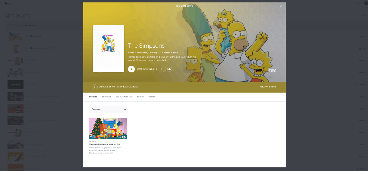 Screenshot of “The Simpsons” title card on Hulu
