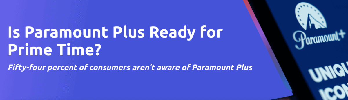 graphic of the Paramount Plus logo on a mobile device screen and a headline text