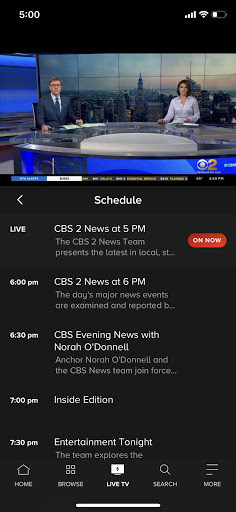 Screenshot of live TV news on Paramount+ on iOS