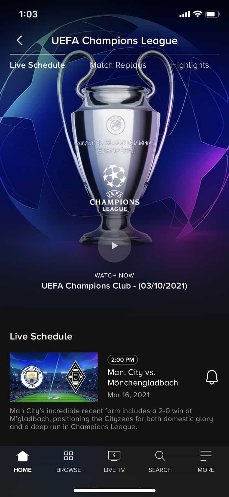 Screenshot of the UEFA Champions League live page on Paramount+