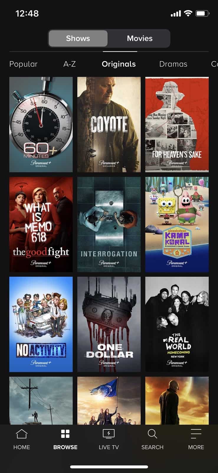 Screenshot of a list of shows under the “Browse” tab as seen in the Paramount+ iOS app