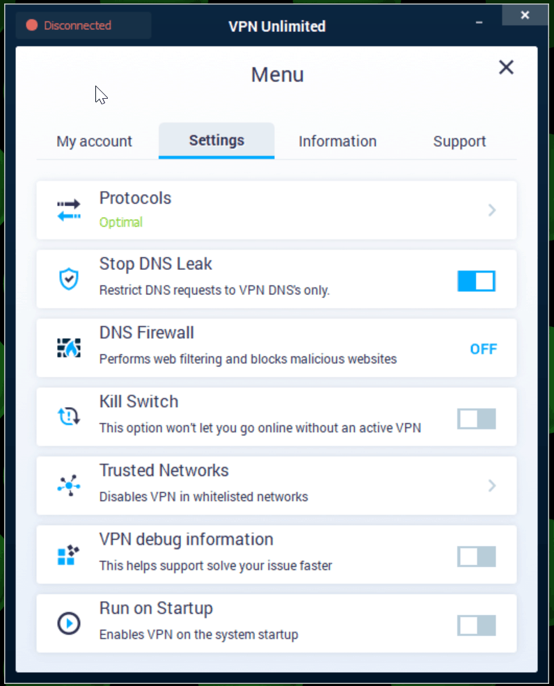 KeepSolid VPN Unlimited settings menu