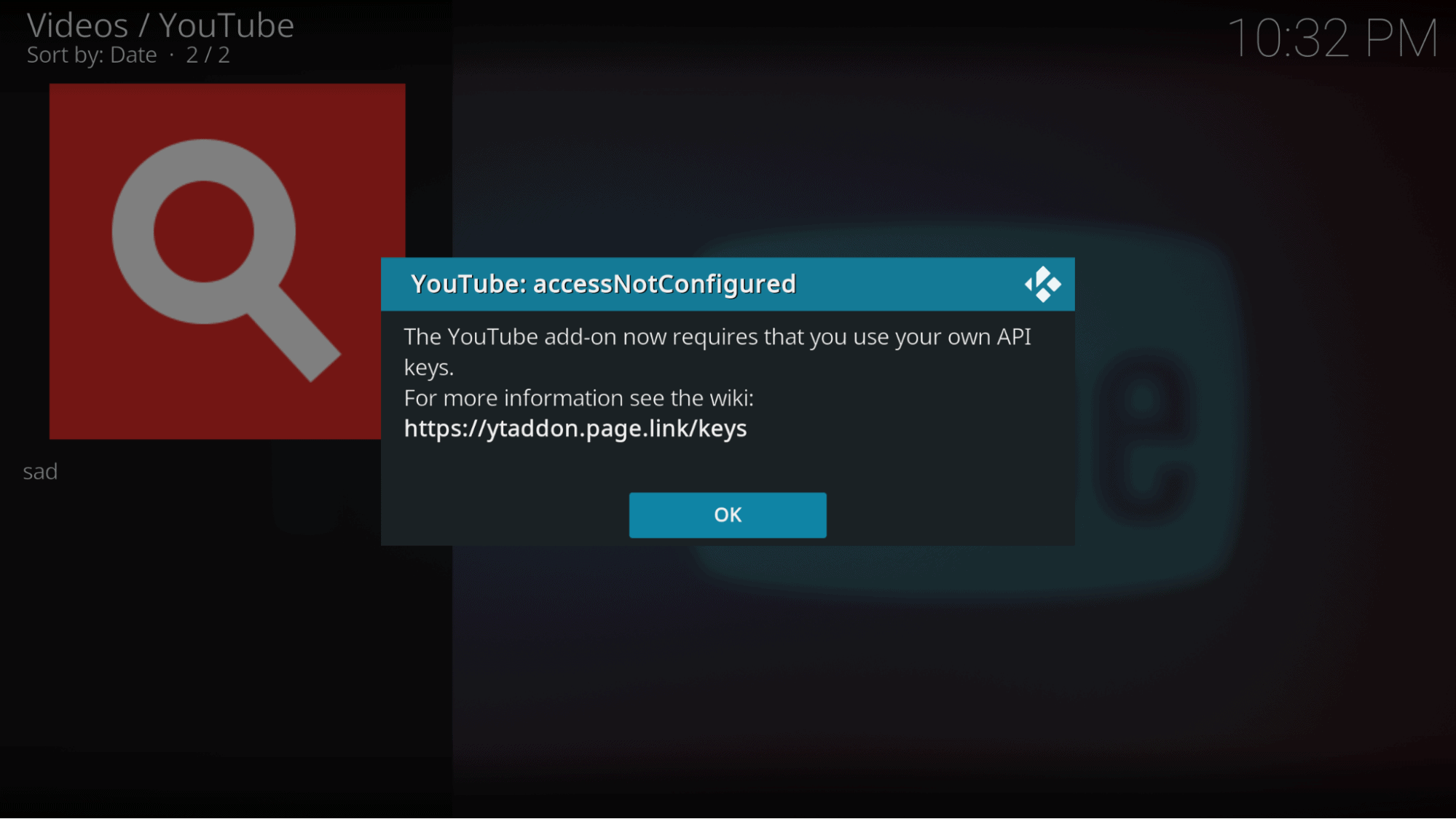 An error message from Kodi