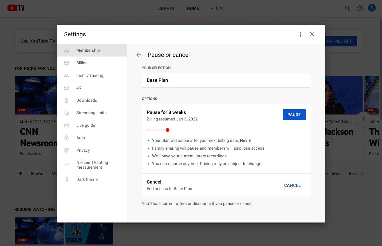 Open the Youtube TV Settings Menu