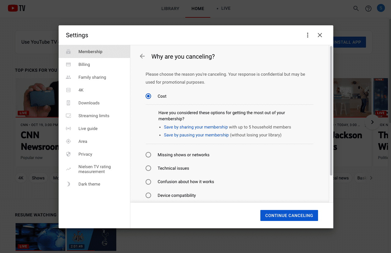 Navigate to “MEMBERSHIP” and Click on “MANAGE” for the Relevant Youtubue TV Plan