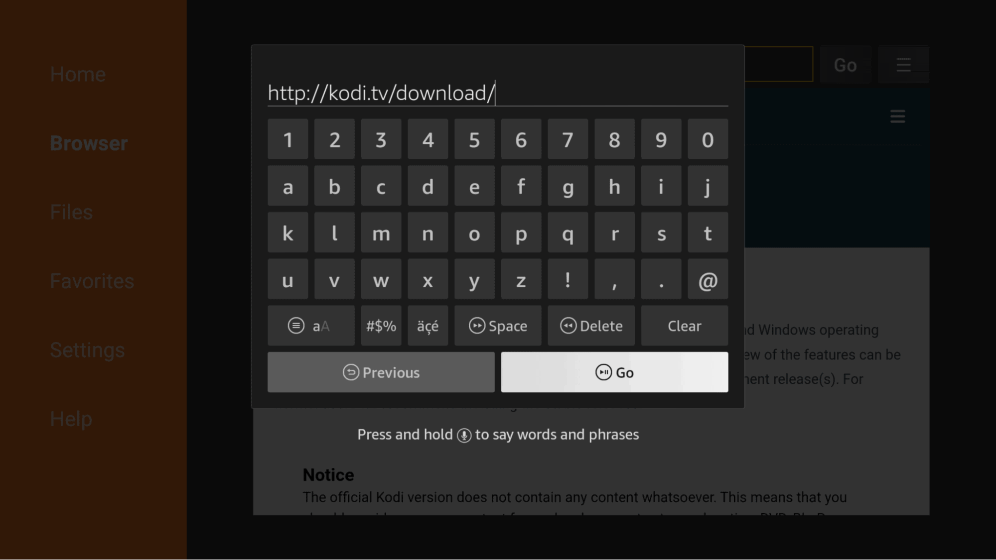 Enter the URL for the Kodi download page