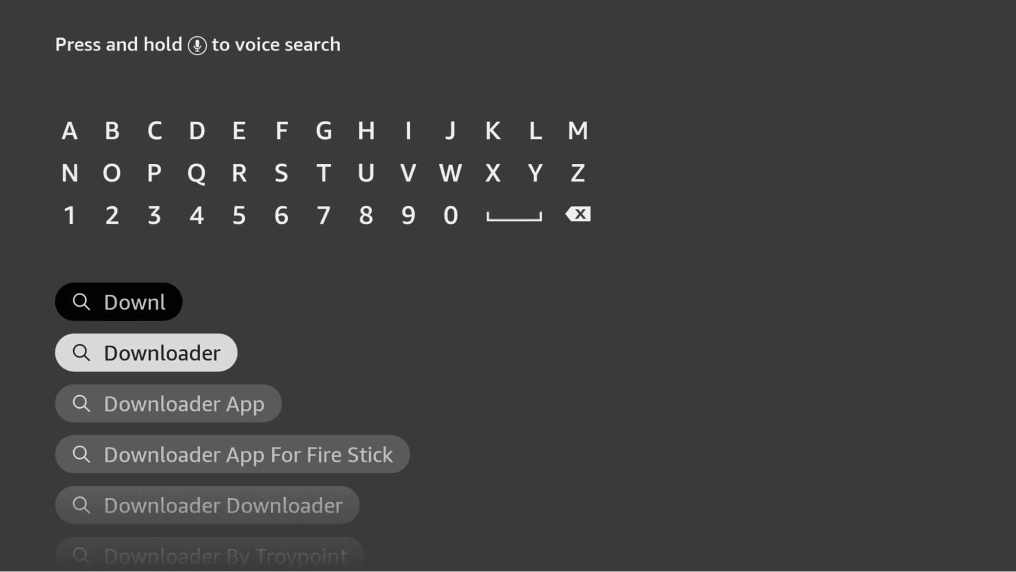 Searching for the Downloader app on Fire TV