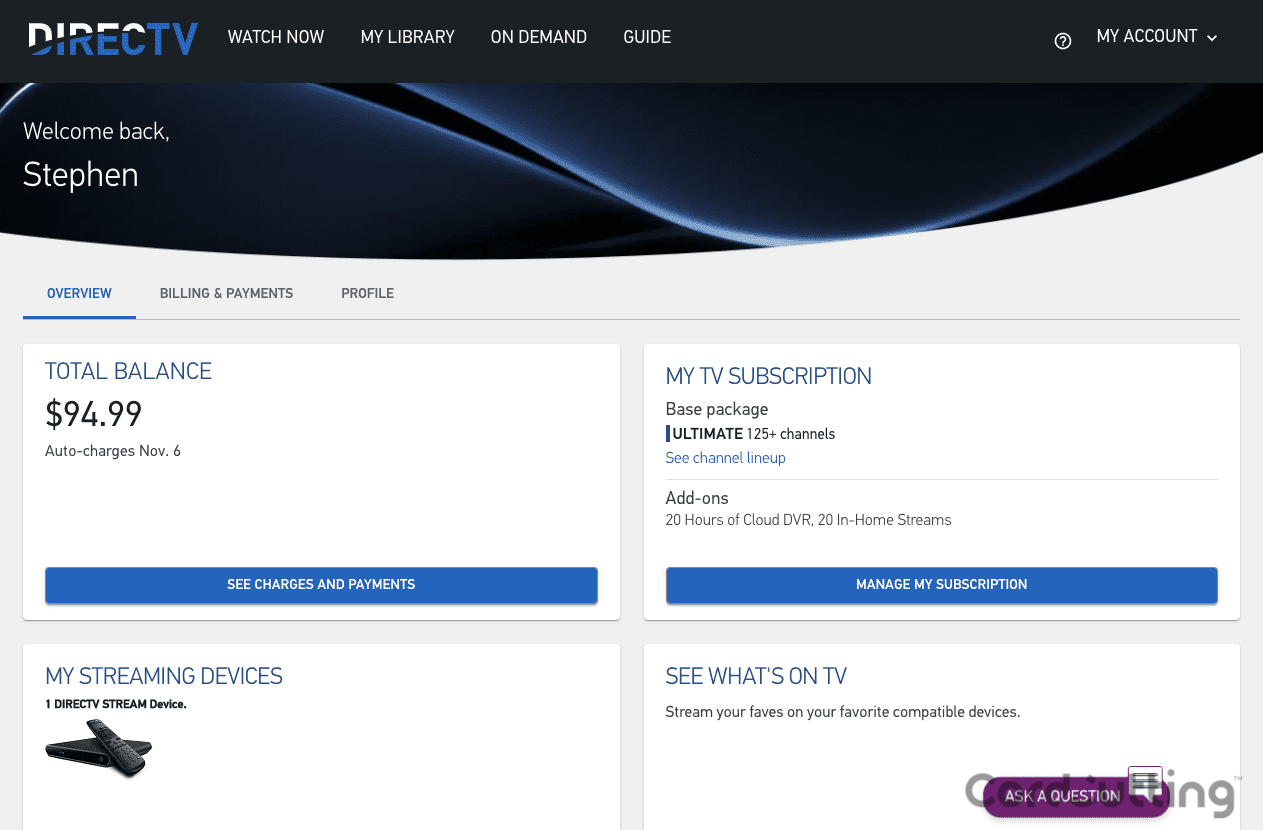 DIRECTV STREAM Account Overview Page