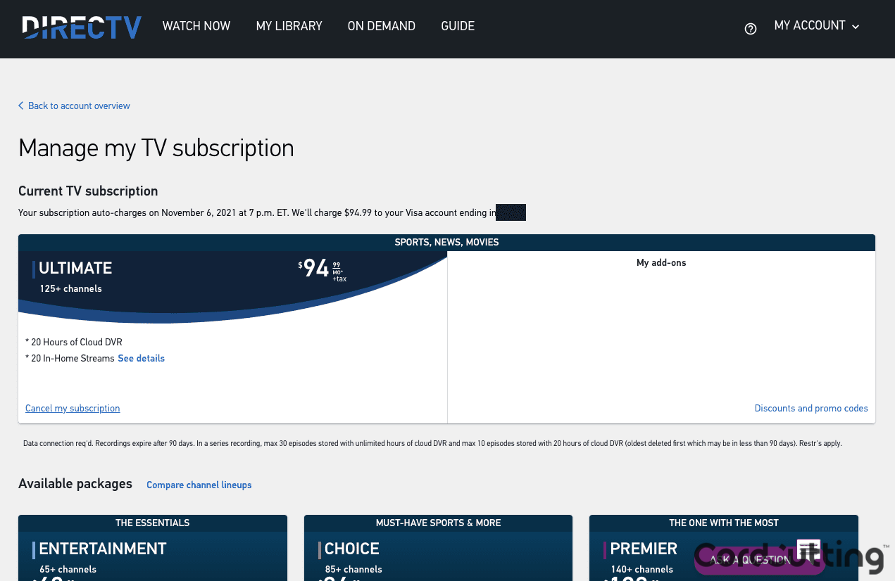 DIRECTV STREAM Manage Subscription page