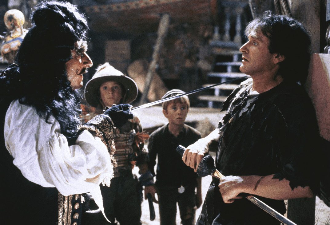 Captain Hook (Dustin Hoffman) and Peter Banning (Robin Williams)