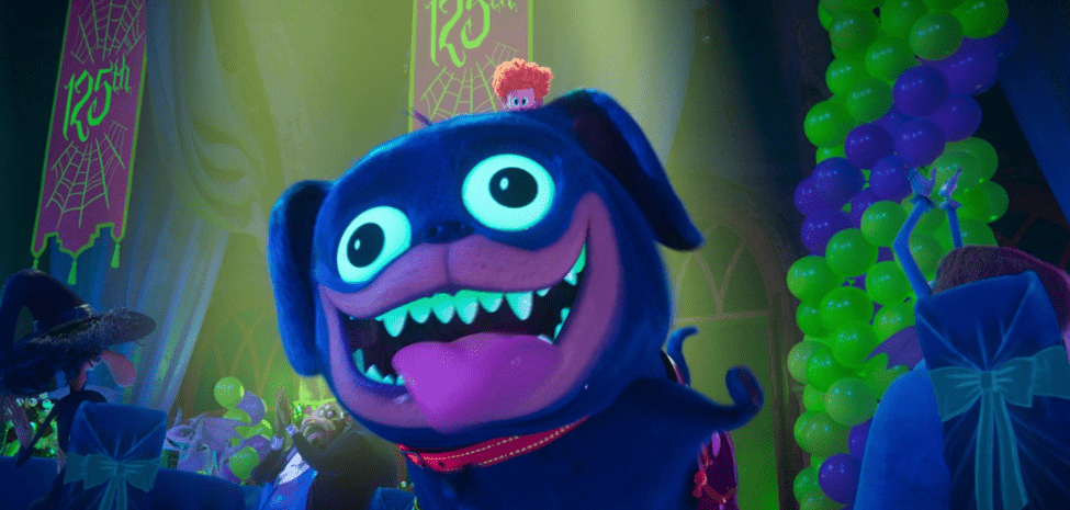 Dennis sitting on top of Tinkles’ head in “Hotel Transylvania: Transformania”