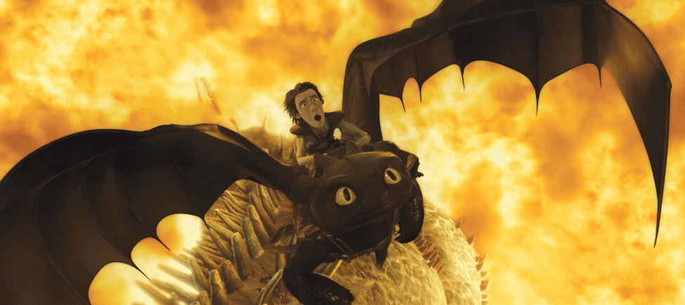 Hiccup riding on Toothless in “How to Train Your Dragon”