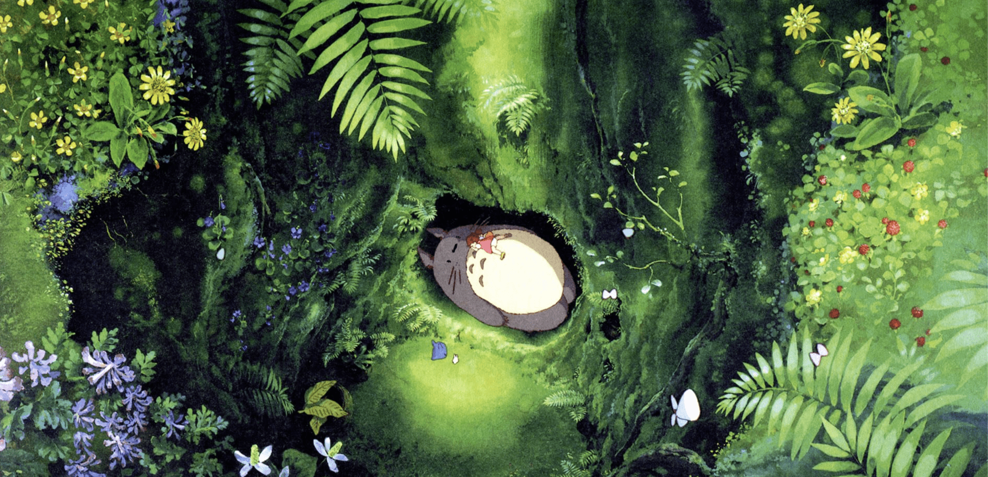 A kid takes a nap on top of a rotund forest spirit in this image from Studio Ghibli.