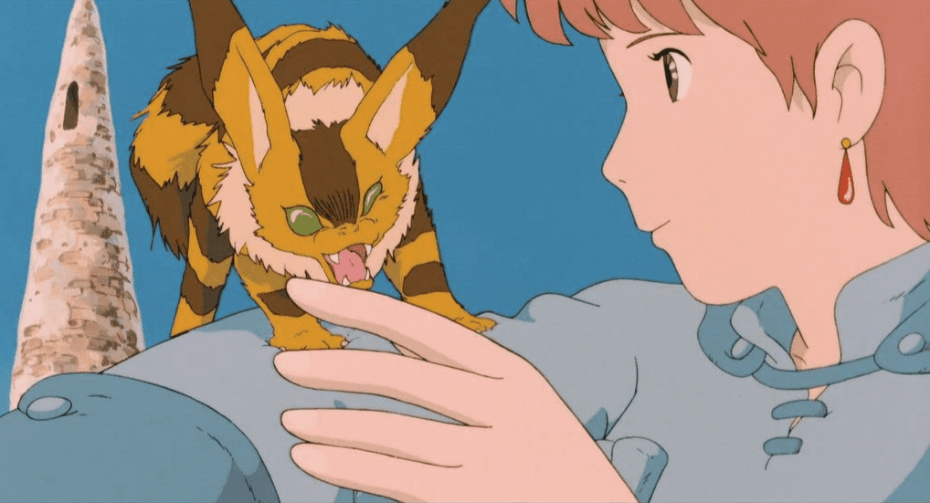 An animated young woman pets a fox-squirrel in this image from Studio Ghibli.