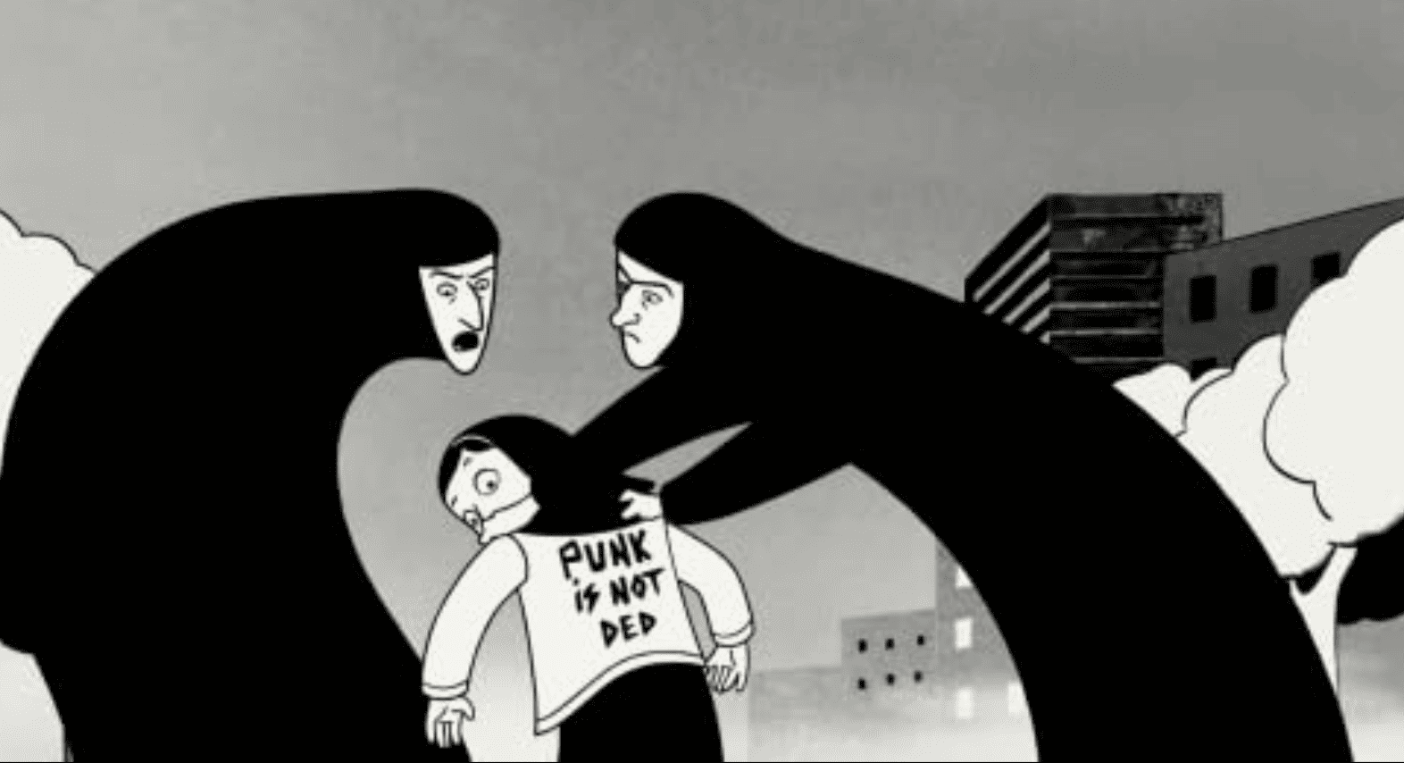 Two religious women interrogate a teenager who’s wearing a punk jacket in this image from Celluloid Dreams.