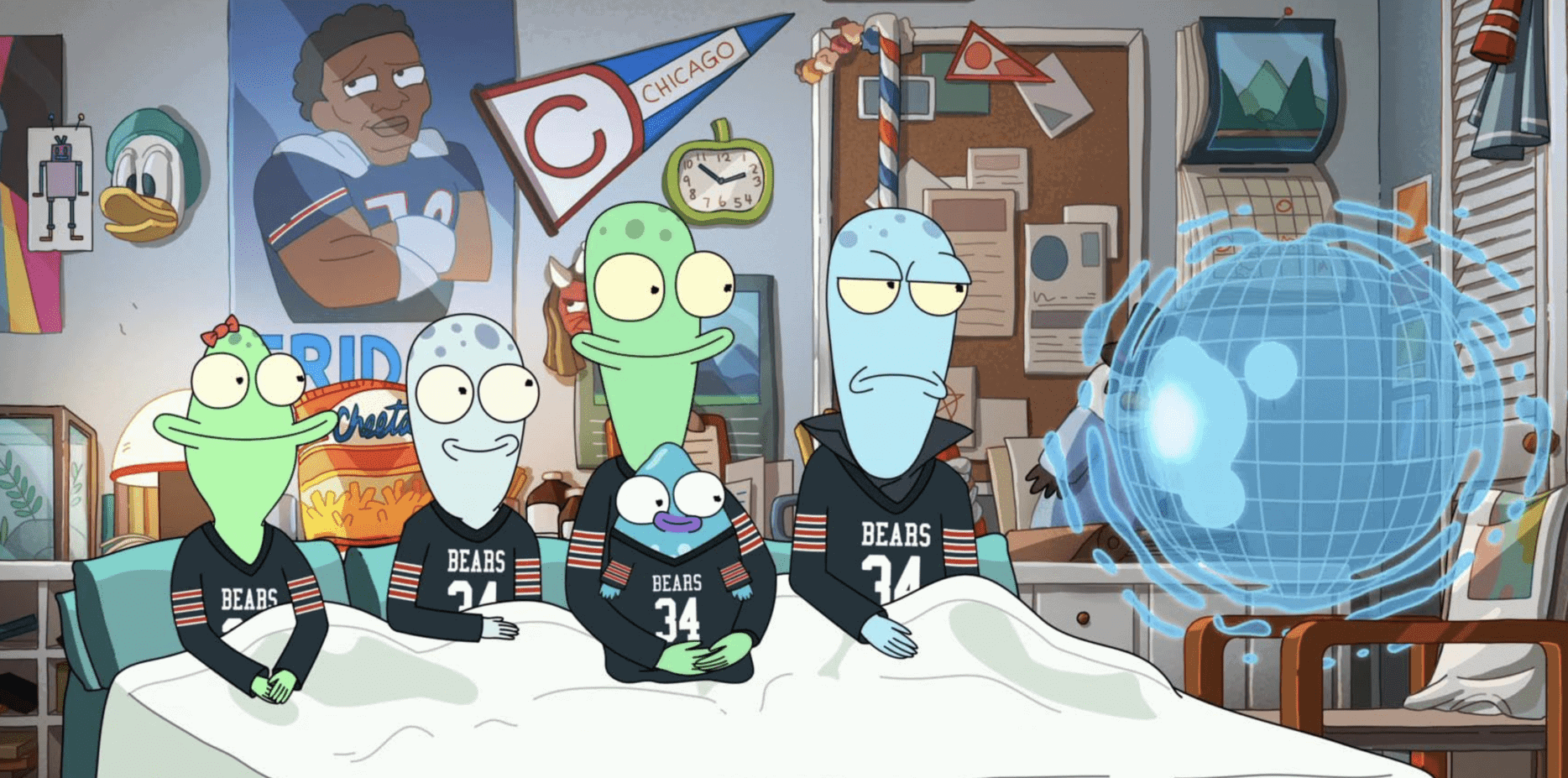Five aliens sit in a bed wearing Chicago Bears jerseys and listening to a story from an artificial intelligence orb in this image from Important Science.