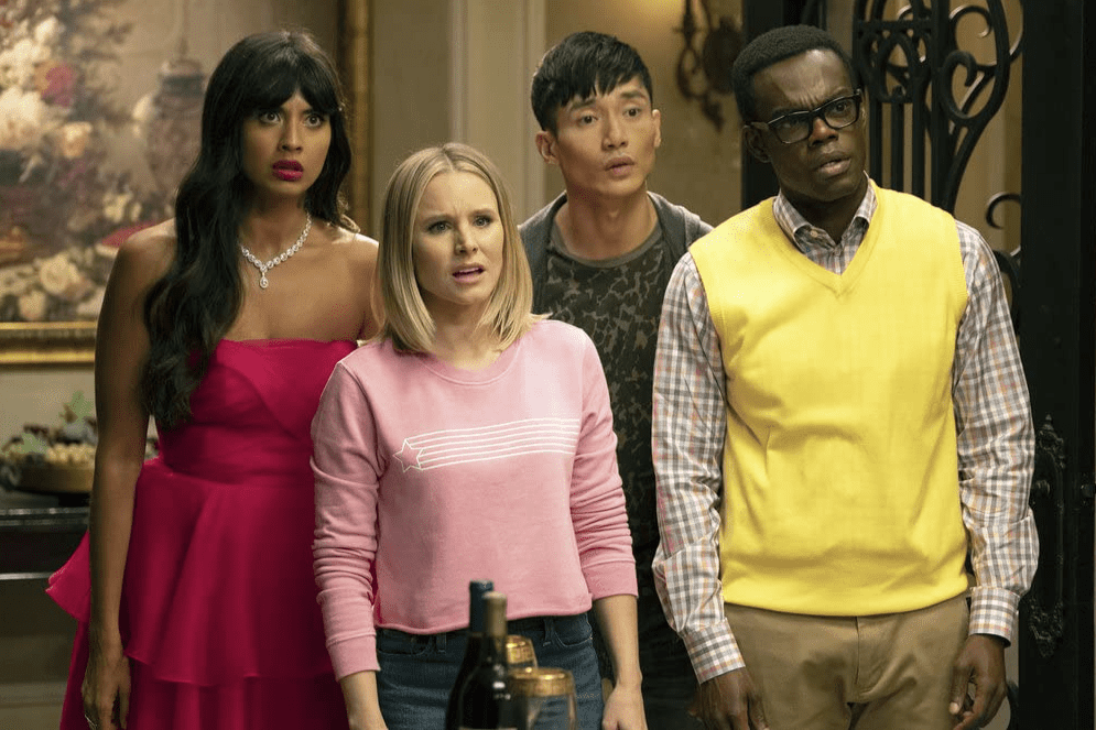 Tahani Al-Jamil (Jameela Jamil), Eleanor Shellstrop (Kristen Bell), Jason Mendoza (Manny Jacinto), and Chidi Anagonye (William Jackson Harper)