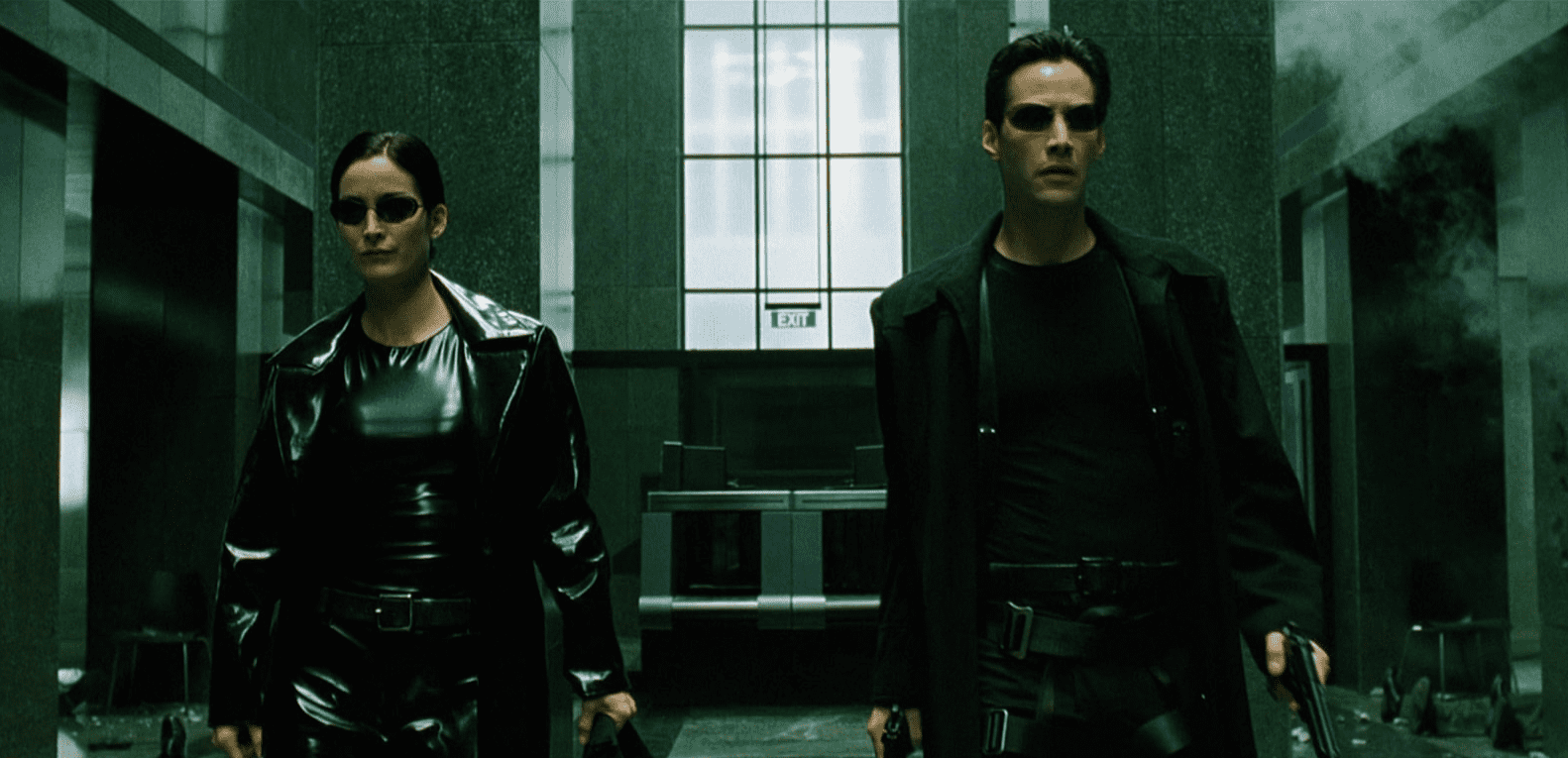 Carrie-Anne Moss and Keanu Reeves in “The Matrix”