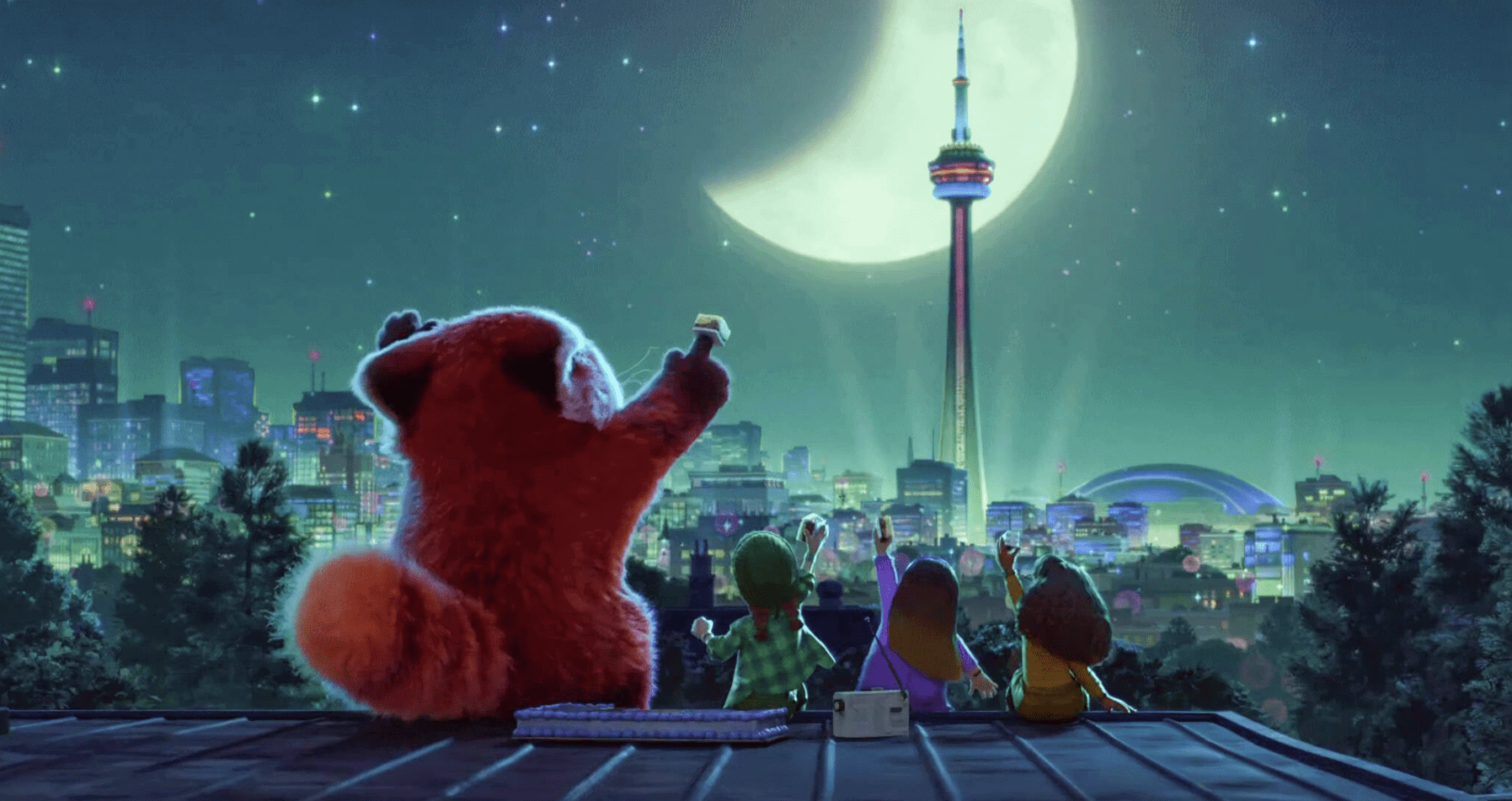 A giant red panda and three humans celebrate and look off into the busy cityscape in the distance in this image from Walt Disney Pictures.