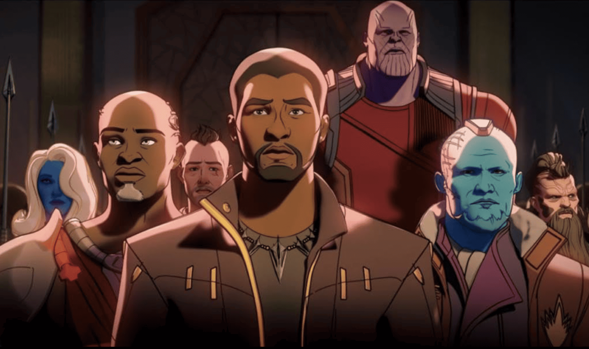 A group of seven Marvel characters staring off camera as if in defiance in this image from Marvel Studios Animation