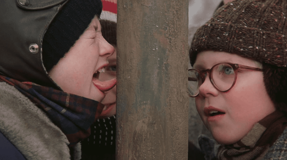 Flick gets his tongue stuck to a frozen pole.