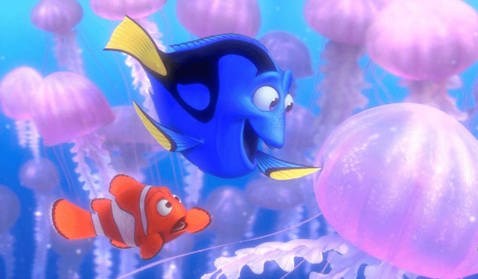 Marlin and Dory swimming through a school of jellyfish