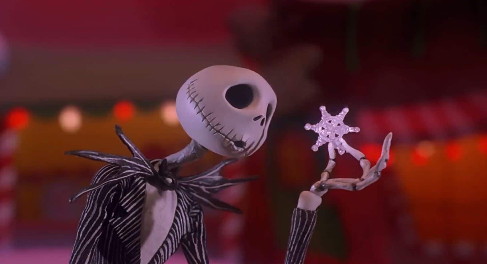 A claymation skeleton sings to a snowflake in this image from Tim Burton Productions. 