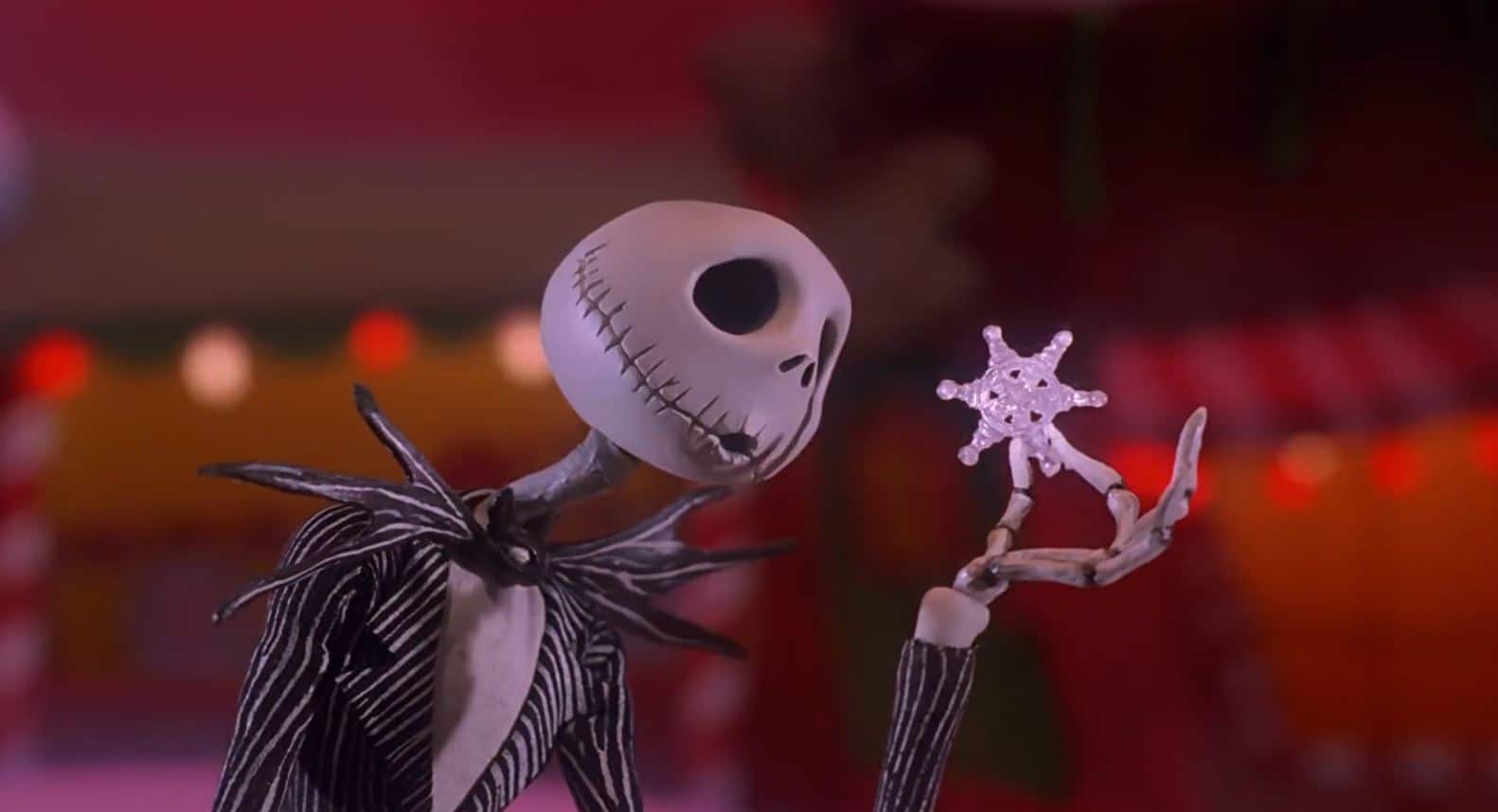 Jack Skellington examines a snowflake.