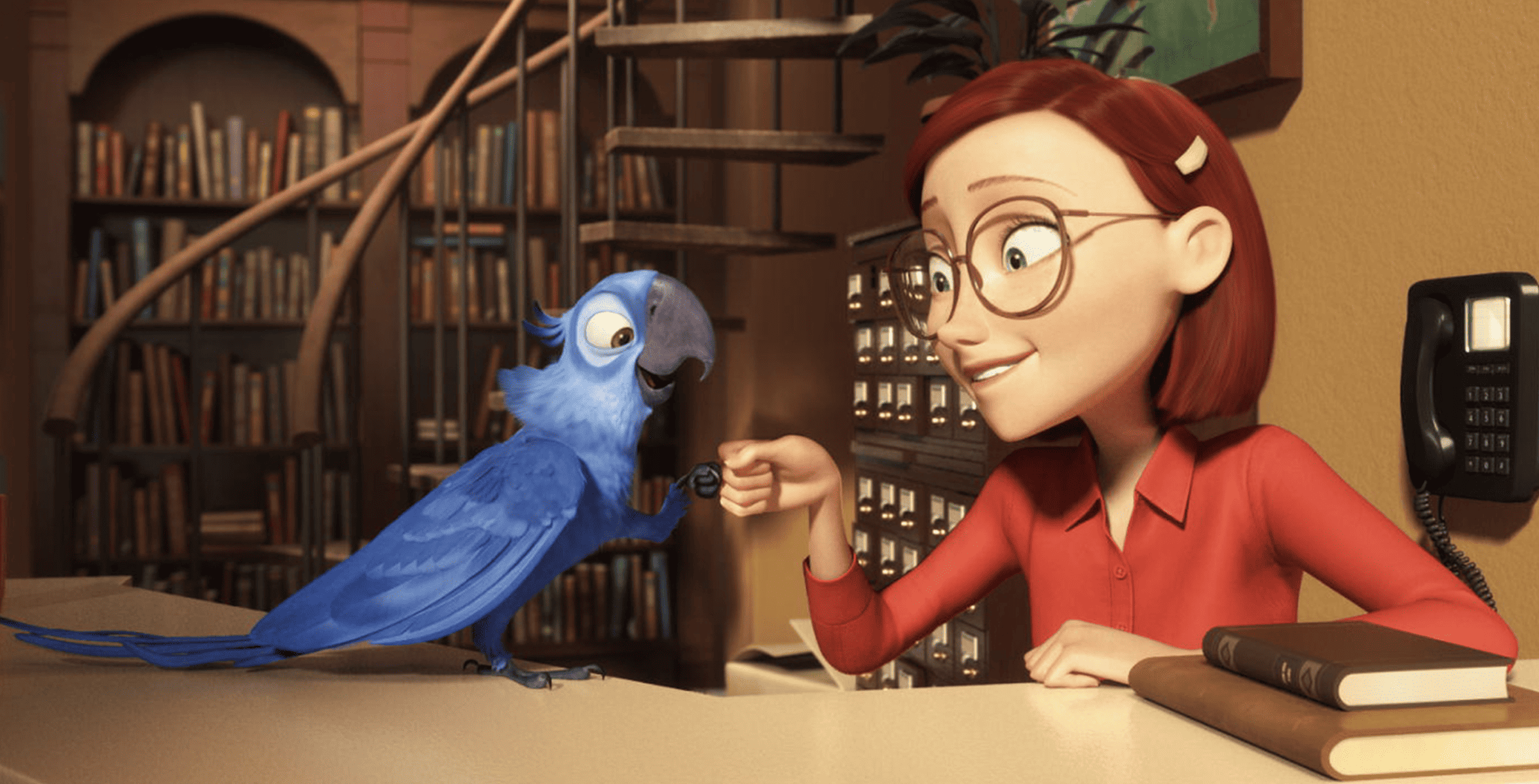 An animated macaw and human girl fist bump in this image from Twentieth Century Fox Animation. 