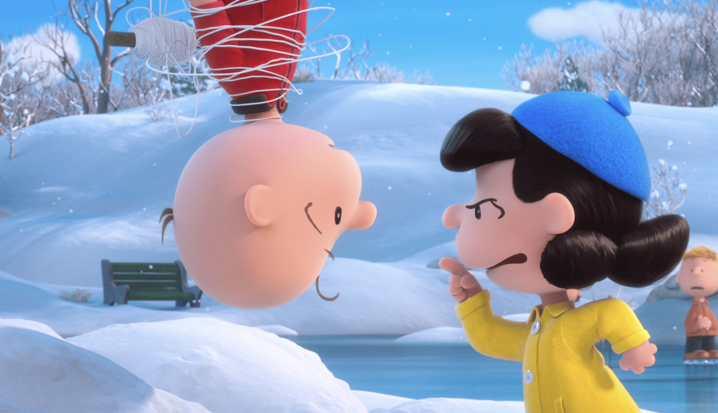 An animated boy hanging upside down and tied with kite string is scolded by an animated girl skating on a frozen lake in this image from Twentieth Century Fox Animation.