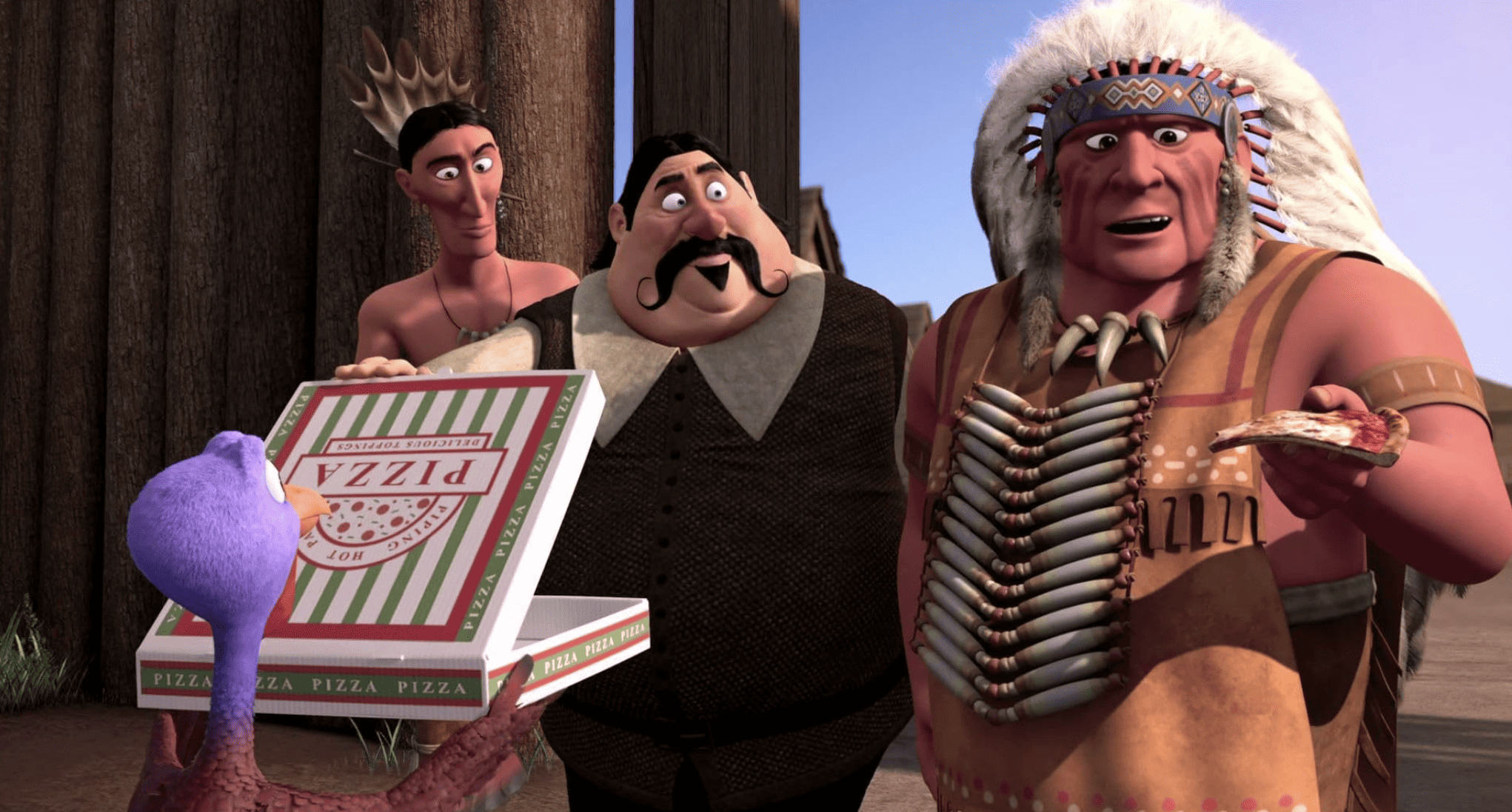 A turkey presents pizza to a pilgrim and two Native Americans for consideration in this image from Reel FX Animation Studios.