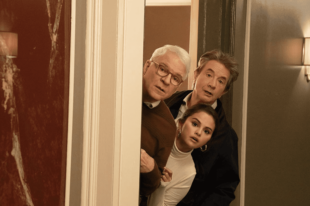 Steve Martin, Selena Gomez, and Martin Short peering out the door