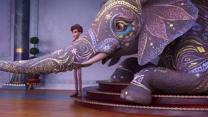 An elephant and an animated boy voiced by Noah Jupe in this image from Netflix