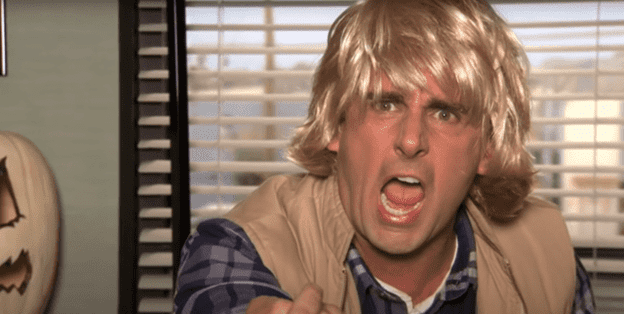 Michael Scott wearing a blond wig from “The Office”