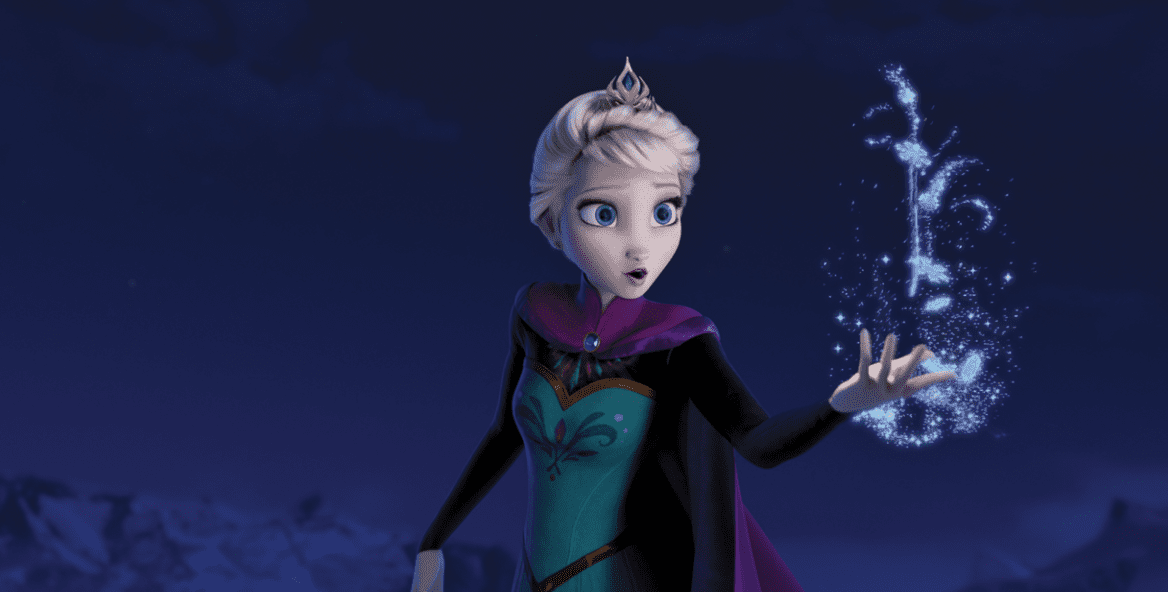 Elsa is dressed in her ceremony outfit, playing with magical snowy powers