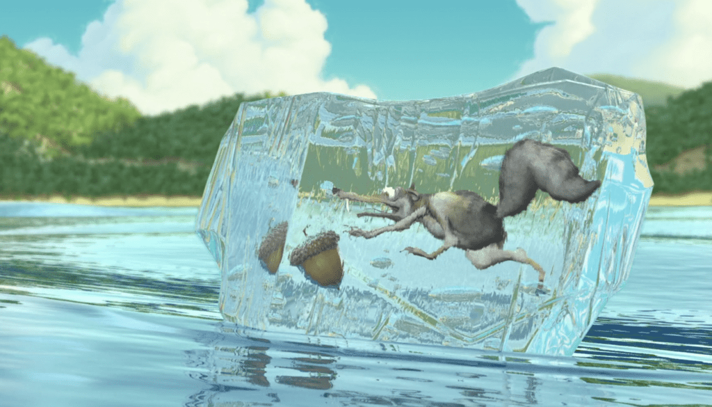Scrat is frozen in ice while chasing an acorn